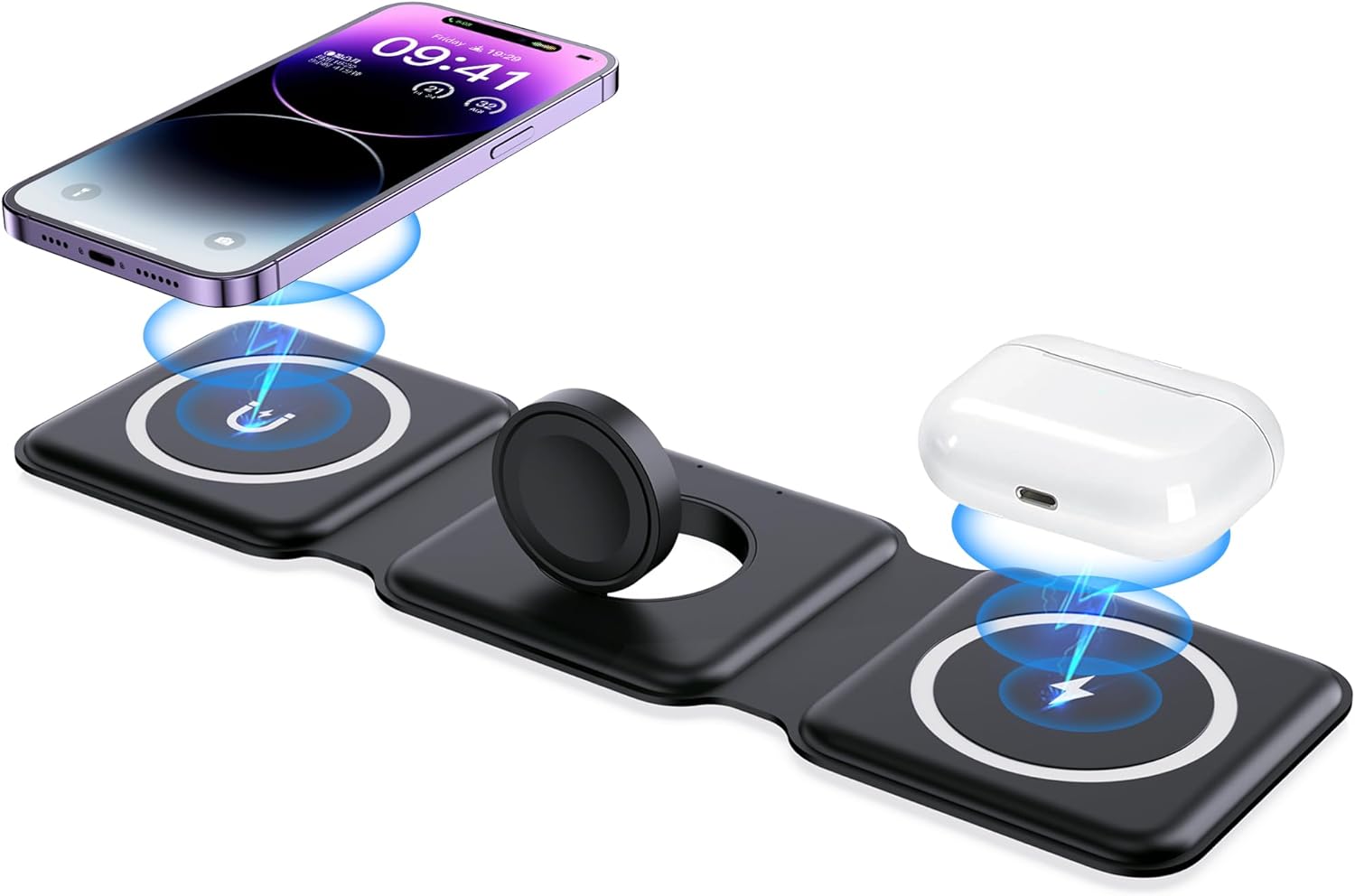 Trådlös laddare, magnetisk hopfällbar 3 i 1 Mag-Safe-laddare, Fast Travel Trådlös Laddningsstation för iPhone 15/14/13/12/-serien, för iWatch, för Air